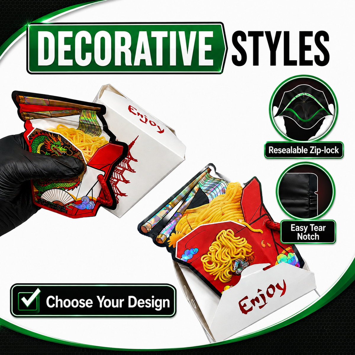 12 Pack Takeout Box with Noodle Storage Pouches – Choose Your Design