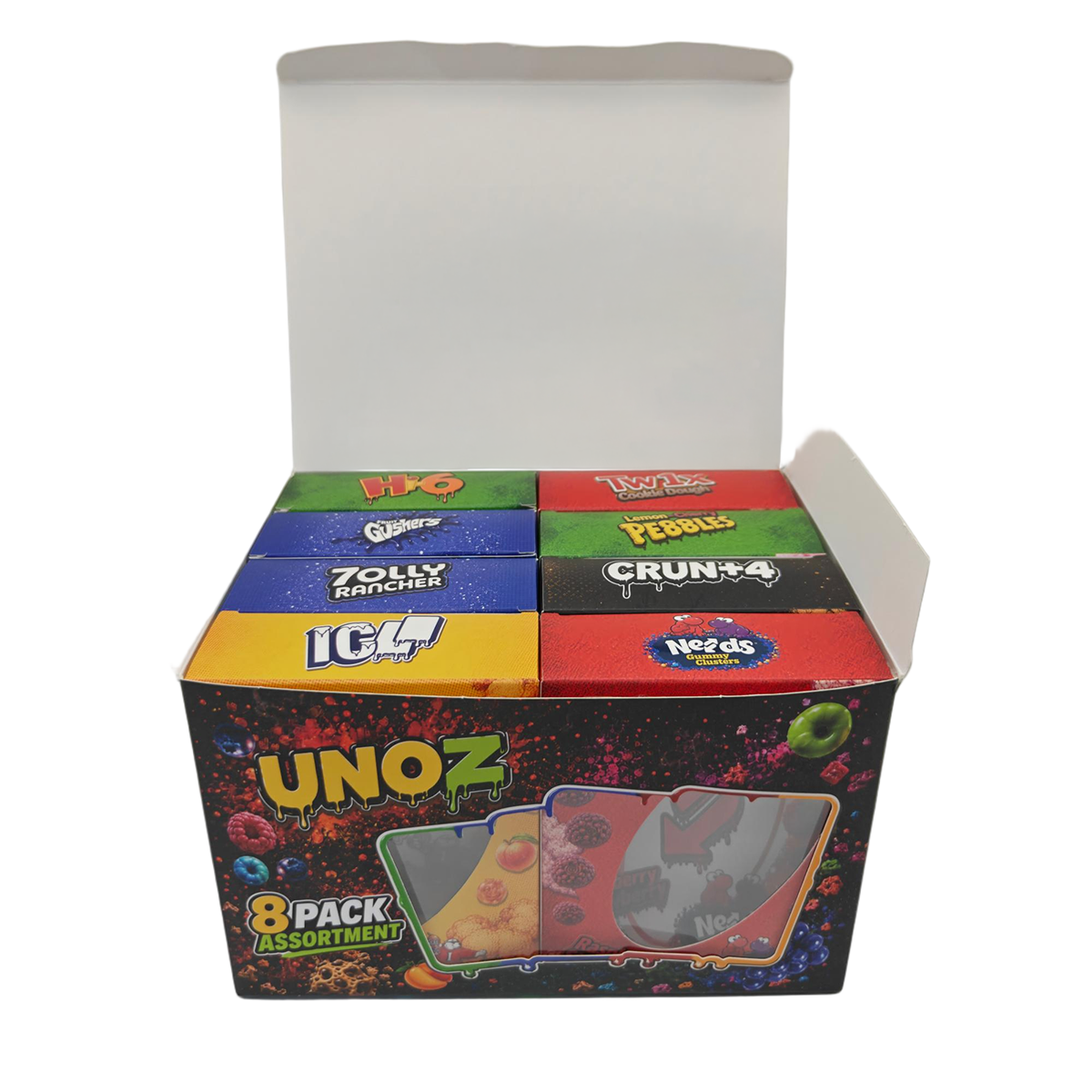 8 Pack - 1oz(28g) UNOZ Box Set - Assorted Card Style Mylar Bags with Counter Display Box
