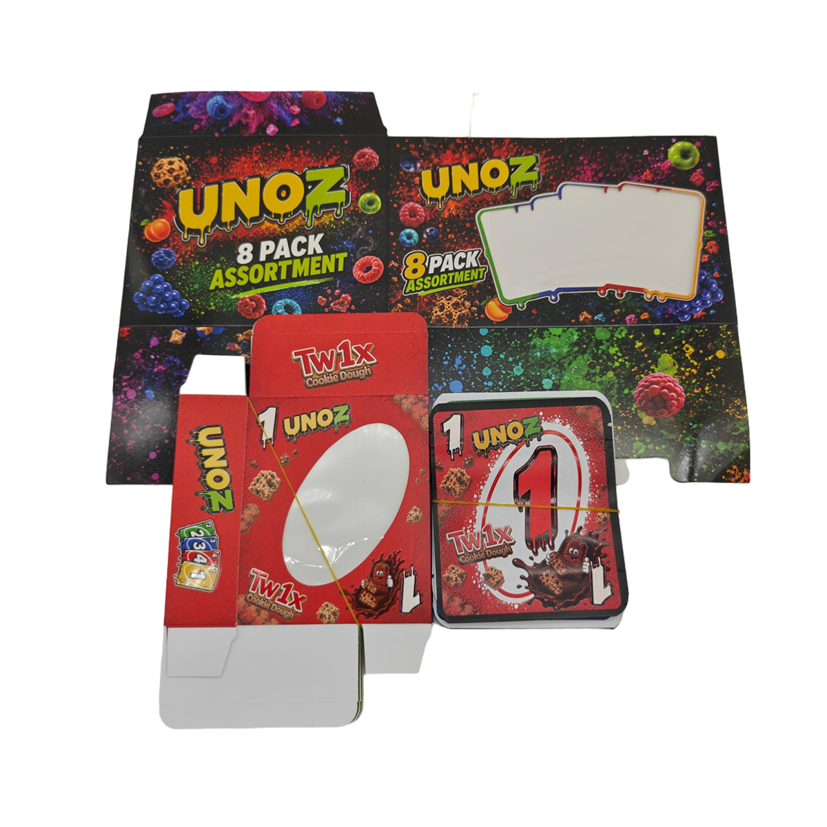 8 Pack - 1oz(28g) UNOZ Box Set - Assorted Card Style Mylar Bags with Counter Display Box