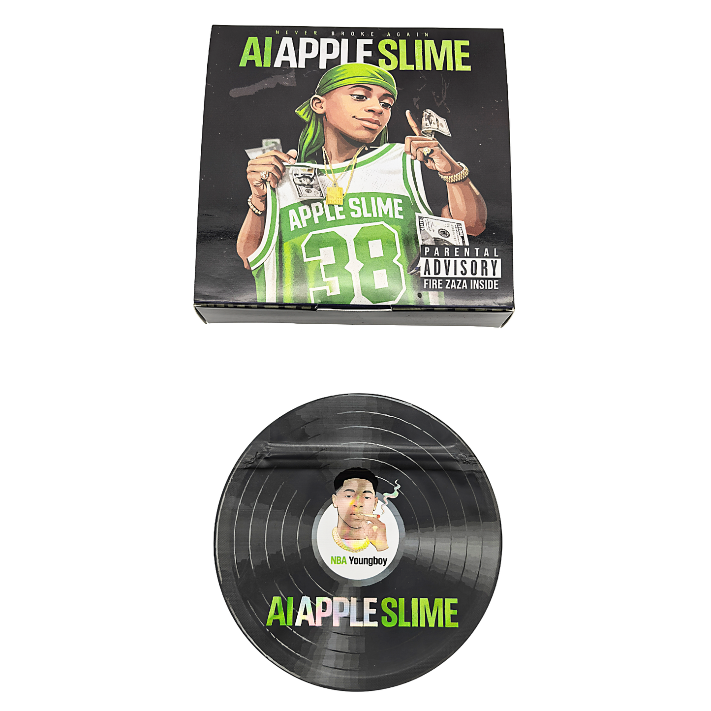 12 Pack – 3.5g Vinyl Record Style Mylar Bags with Matching Boxes - AI Apple Slime