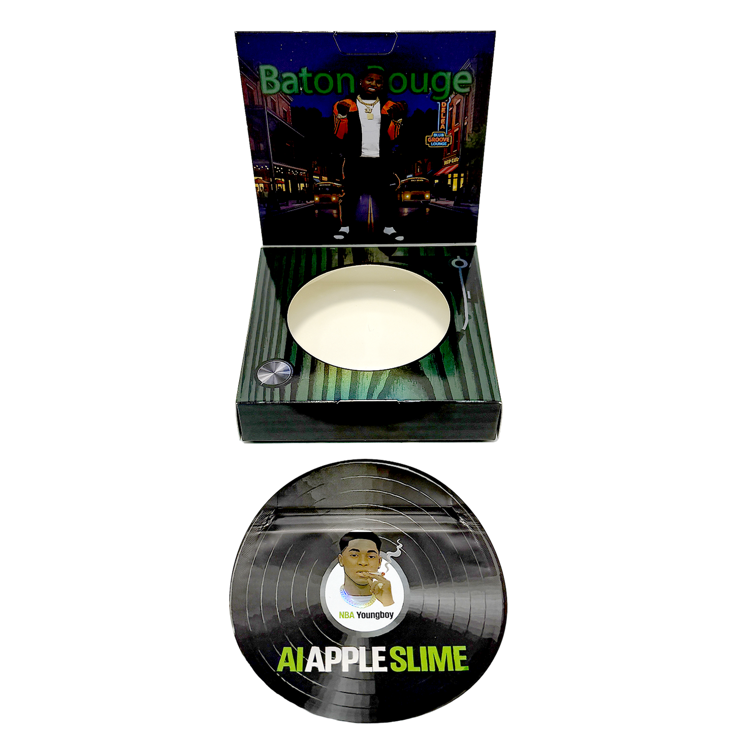 12 Pack – 3.5g Vinyl Record Style Mylar Bags with Matching Boxes - AI Apple Slime