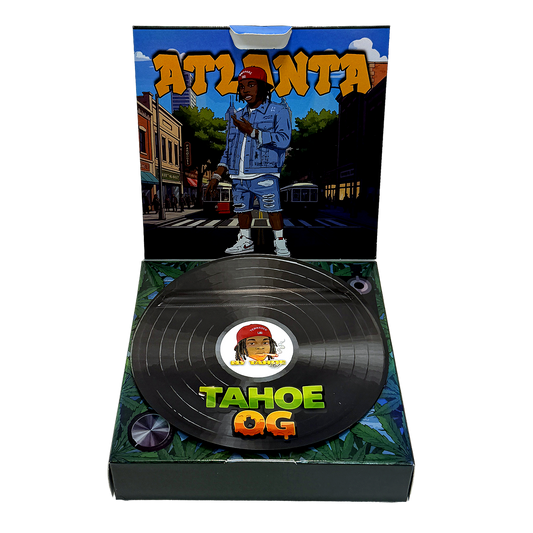 12 Pack – 3.5g Vinyl Record Style Mylar Bags with Matching Boxes - Tahoe OG