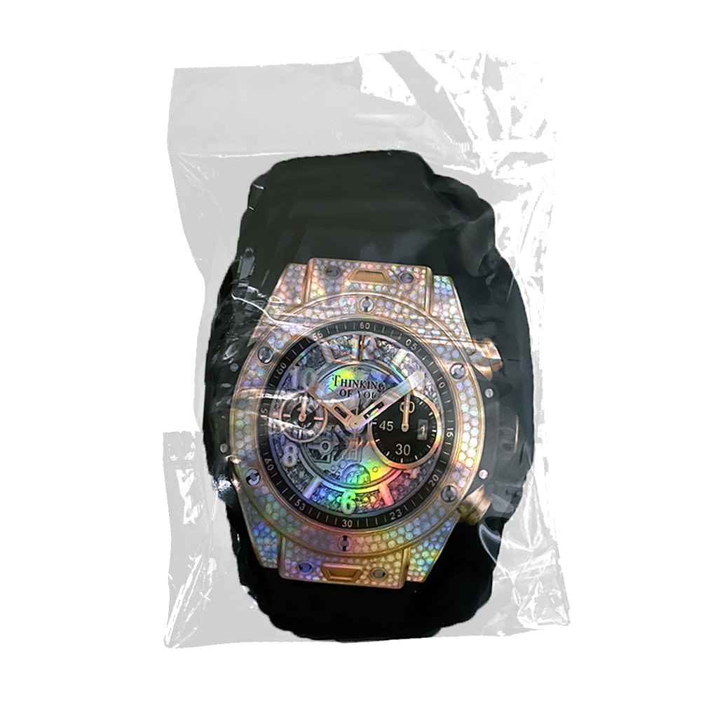 50 Pac - 3.5g Watch-Shaped Mylar Bags - Rose Gold Iced Chrono Watch