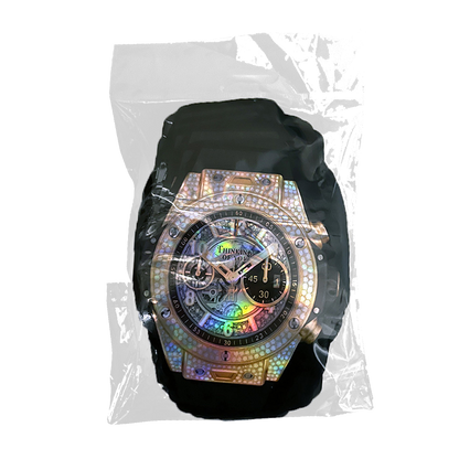 50 Pac - 3.5g Watch-Shaped Mylar Bags - Rose Gold Iced Chrono Watch