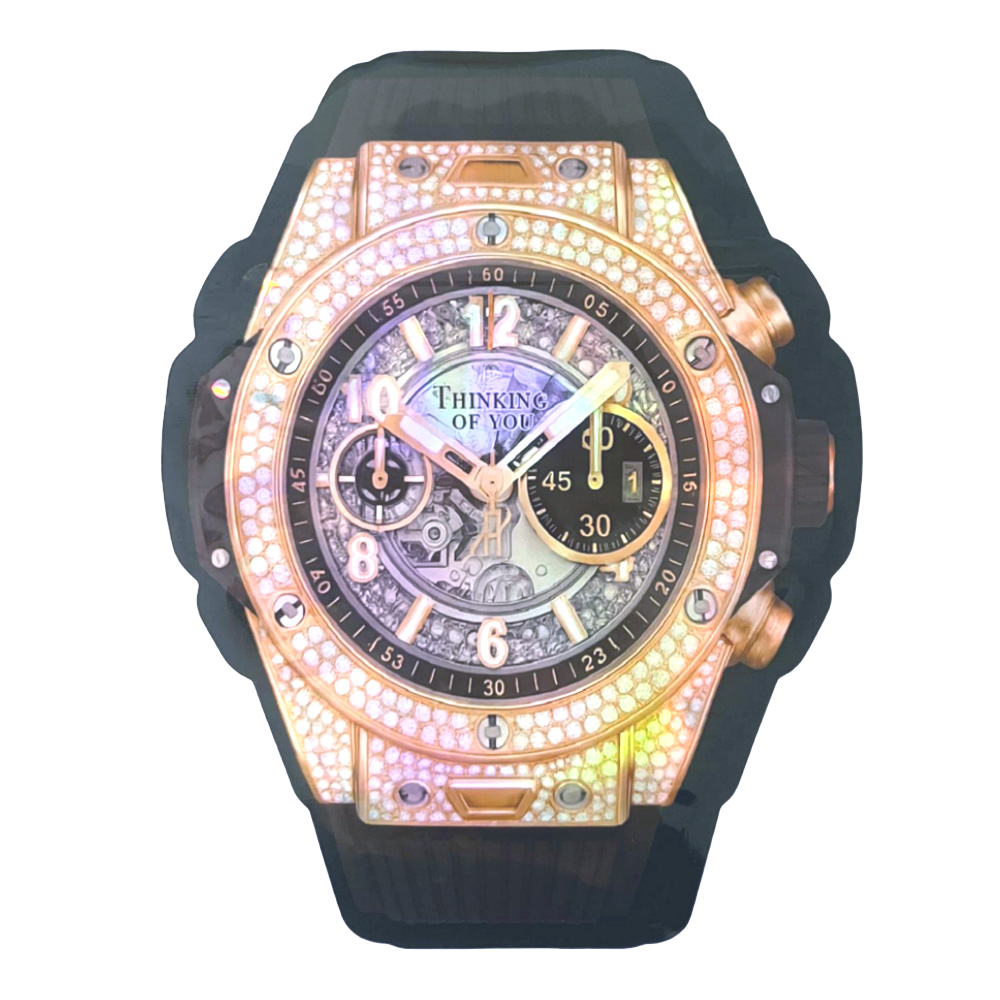 50 Pac - 3.5g Watch-Shaped Mylar Bags - Rose Gold Iced Chrono Watch