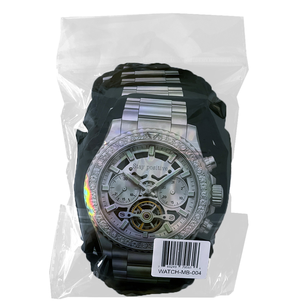 50 Pac - 3.5g Watch-Shaped Mylar Bags - Silver Skeleton Chrono Watch