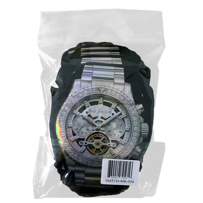 50 Pac - 3.5g Watch-Shaped Mylar Bags - Silver Skeleton Chrono Watch