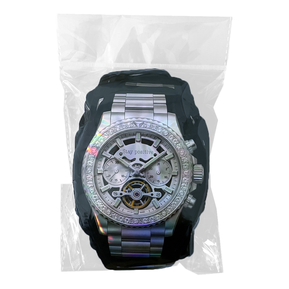 50 Pac - 3.5g Watch-Shaped Mylar Bags - Silver Skeleton Chrono Watch
