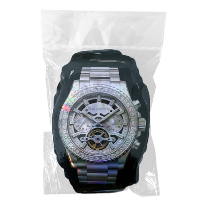 50 Pac - 3.5g Watch-Shaped Mylar Bags - Silver Skeleton Chrono Watch