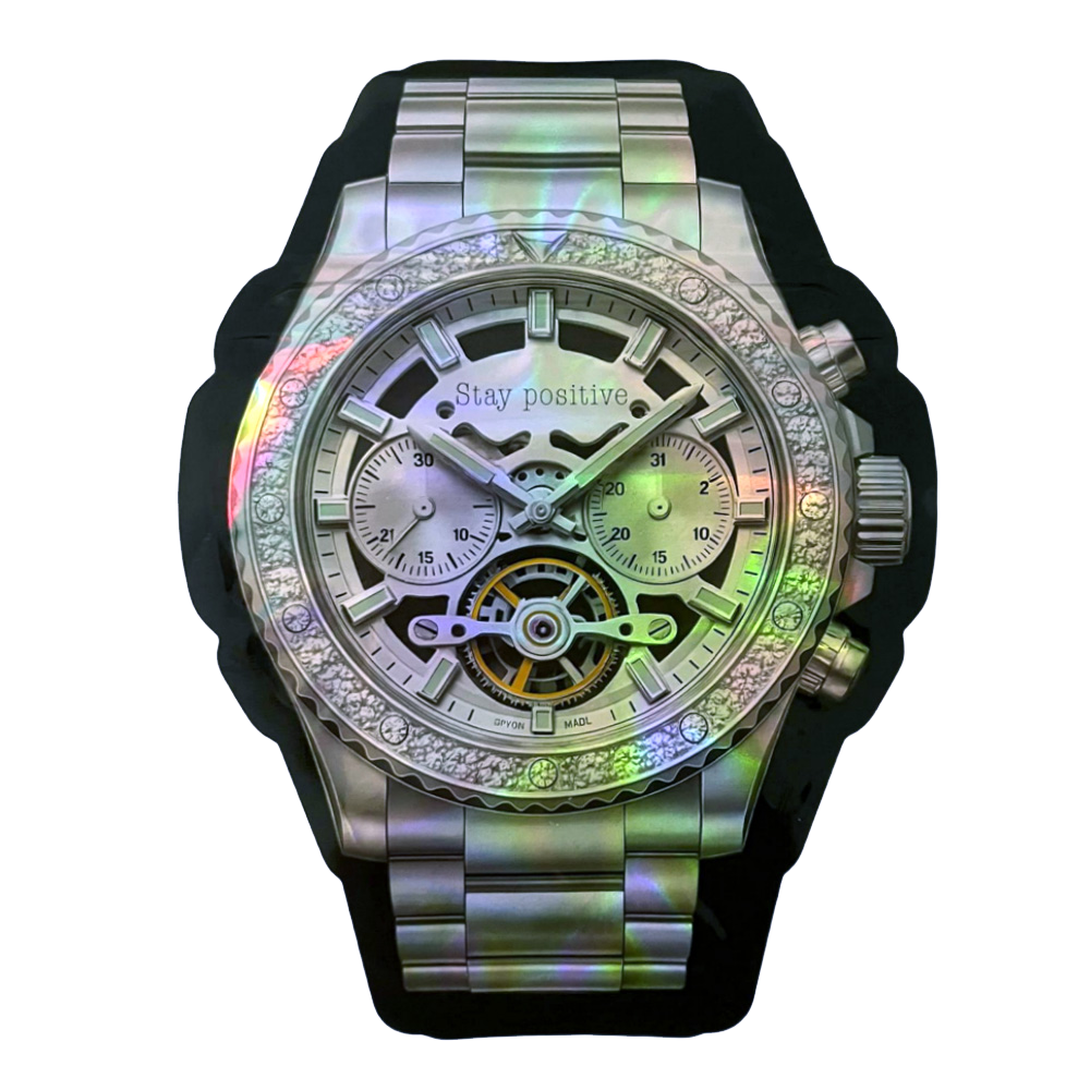 50 Pac - 3.5g Watch-Shaped Mylar Bags - Silver Skeleton Chrono Watch