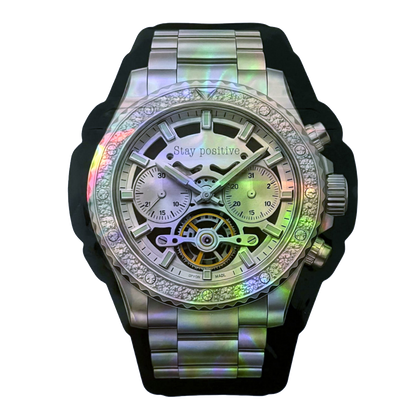 50 Pac - 3.5g Watch-Shaped Mylar Bags - Silver Skeleton Chrono Watch