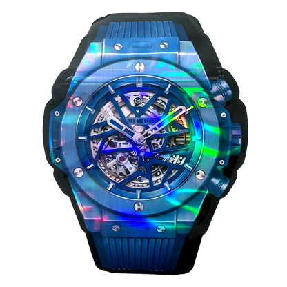 50 Pac - 3.5g Watch-Shaped Mylar Bags - Blue Skeleton Tech Watch