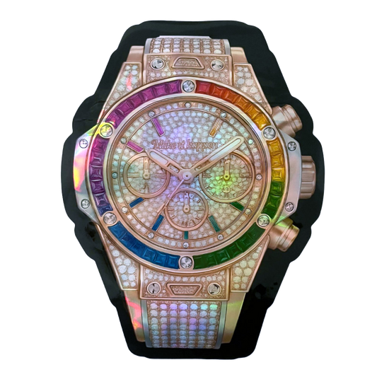 50 Pac - 3.5g Watch-Shaped Mylar Bags - Iced Rainbow Luxe Watch