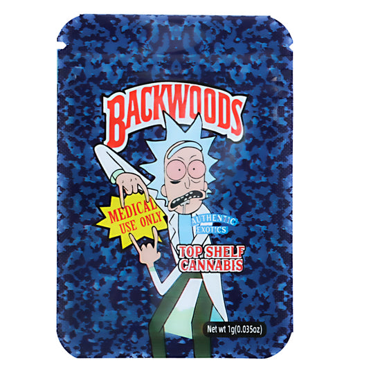 Mylar Bag Backwoods cannabis packaging with cartoon character on blue camouflage background