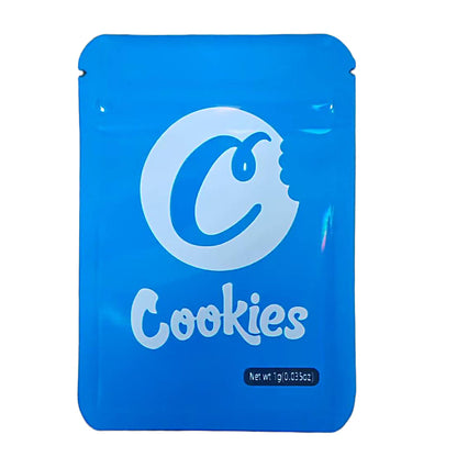 Mylar Bag Blue packaging of Cookies with a logo on a white background