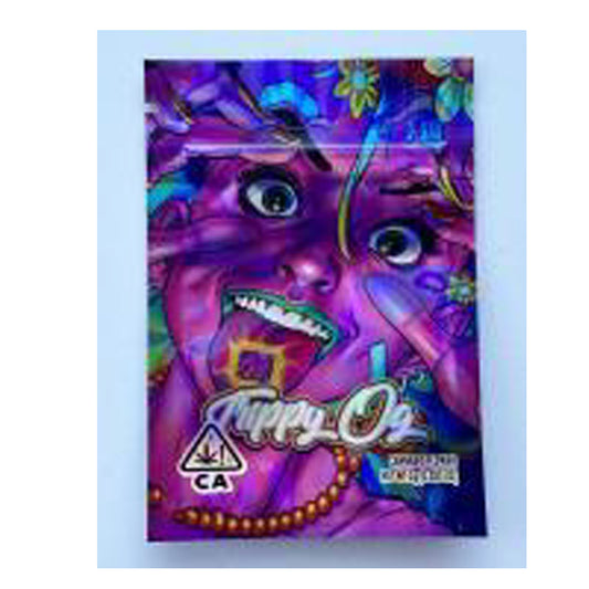 Mylar Bag Colorful packaging with a face design and 'Molly O' branding on a white background
