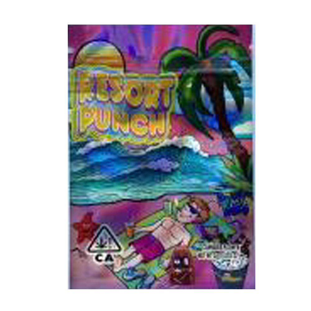 Mylar Bag Colorful packaging with 'Resort Punch' text, palm trees, and a beach scene.