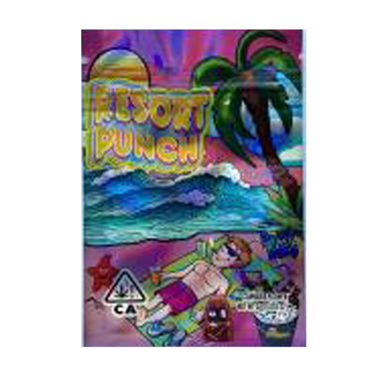 Mylar Bag Colorful packaging with 'Resort Punch' text, palm trees, and a beach scene.
