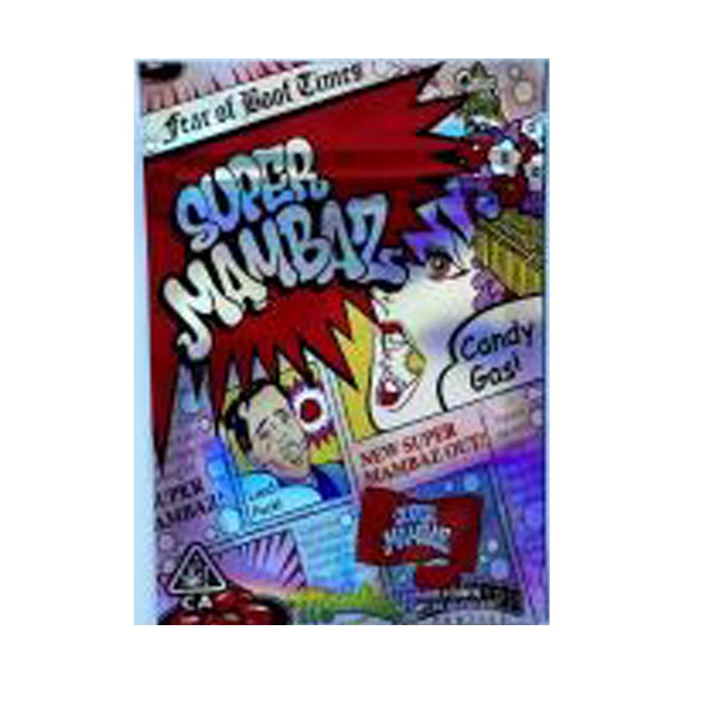 Mylar Bag Colorful packaging with cartoon characters and text on a white background
