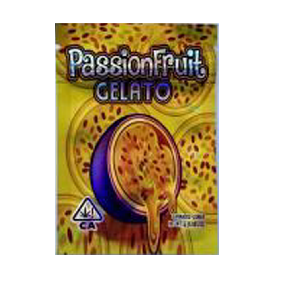 Mylar Bag Passion Fruit Gelato packaging with a yellow background and a cannabis leaf symbol.