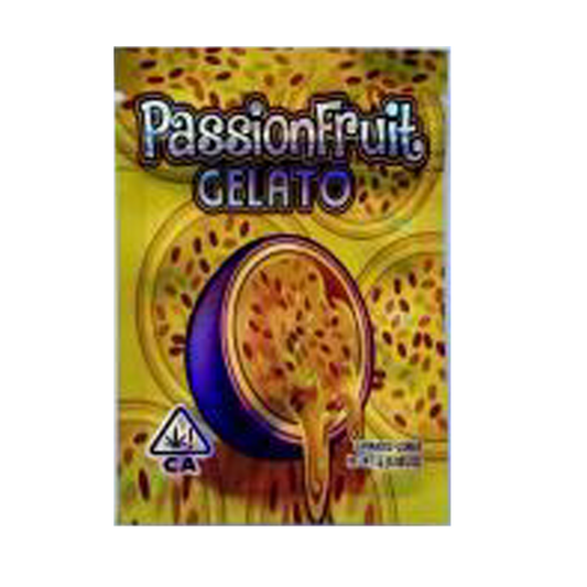 Mylar Bag Passion Fruit Gelato packaging with a yellow background and a cannabis leaf symbol.