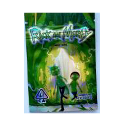 Mylar Bag Packaging of 'Rick and Morty' with characters and green theme
