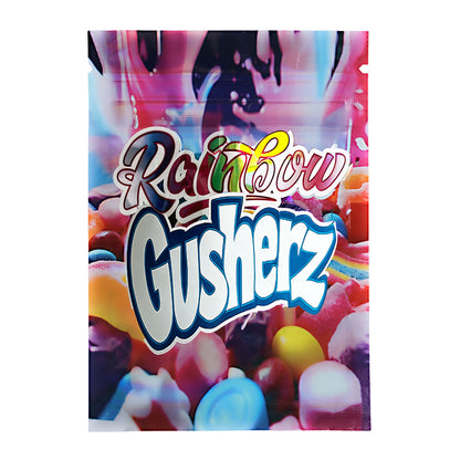 Mylar Bag Colorful packaging of Rainbow Gusherz with a multicolored background