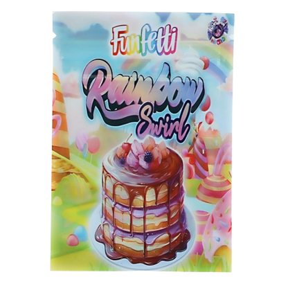 Mylar Bag Funfetti Rainbow Swirl cake mix packaging with colorful design and cake illustration.
