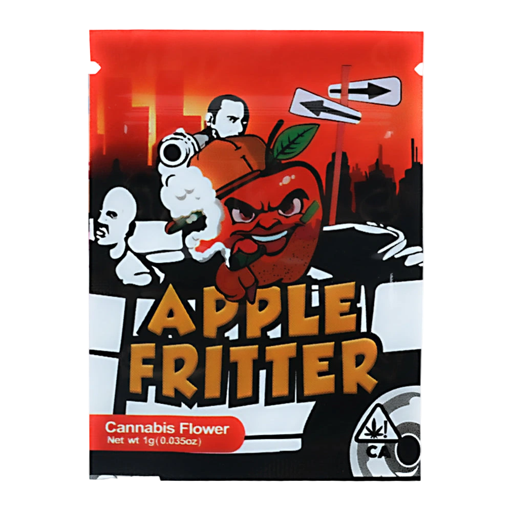 Mylar Bag Packaging of Apple Fritter cannabis flower with cartoon character and red background