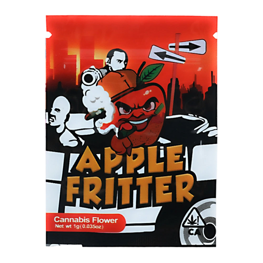Mylar Bag Packaging of Apple Fritter cannabis flower with cartoon character and red background