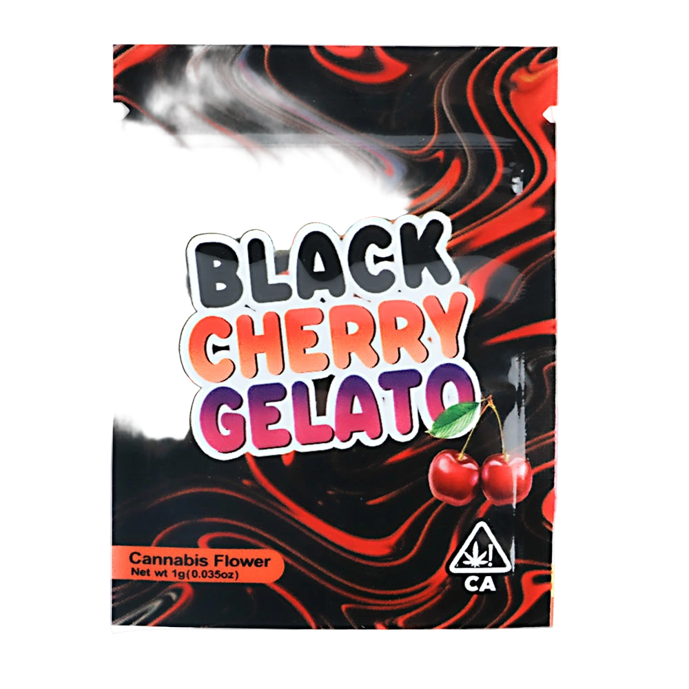Packaging of Mylar Bag  Black Cherry Gelato cannabis flower with colorful design and cherry illustration.