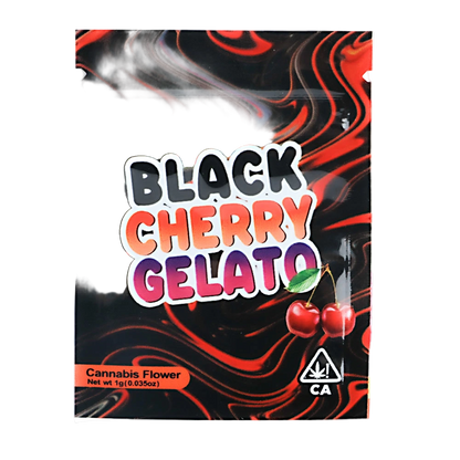 Packaging of Mylar Bag  Black Cherry Gelato cannabis flower with colorful design and cherry illustration.