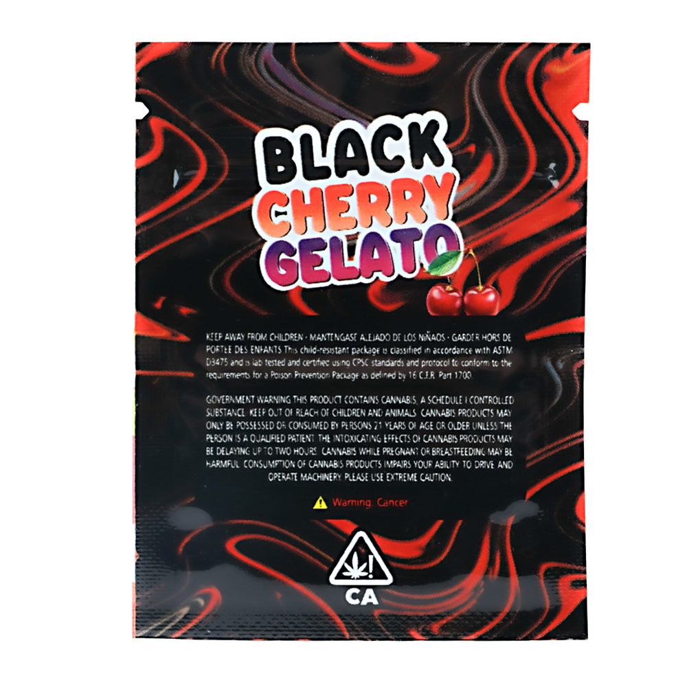 Mylar Bag Black Cherry Gelato product packaging with colorful text and cherry illustration on a black background.