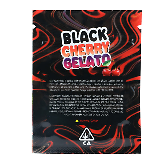 Mylar Bag Black Cherry Gelato product packaging with colorful text and cherry illustration on a black background.