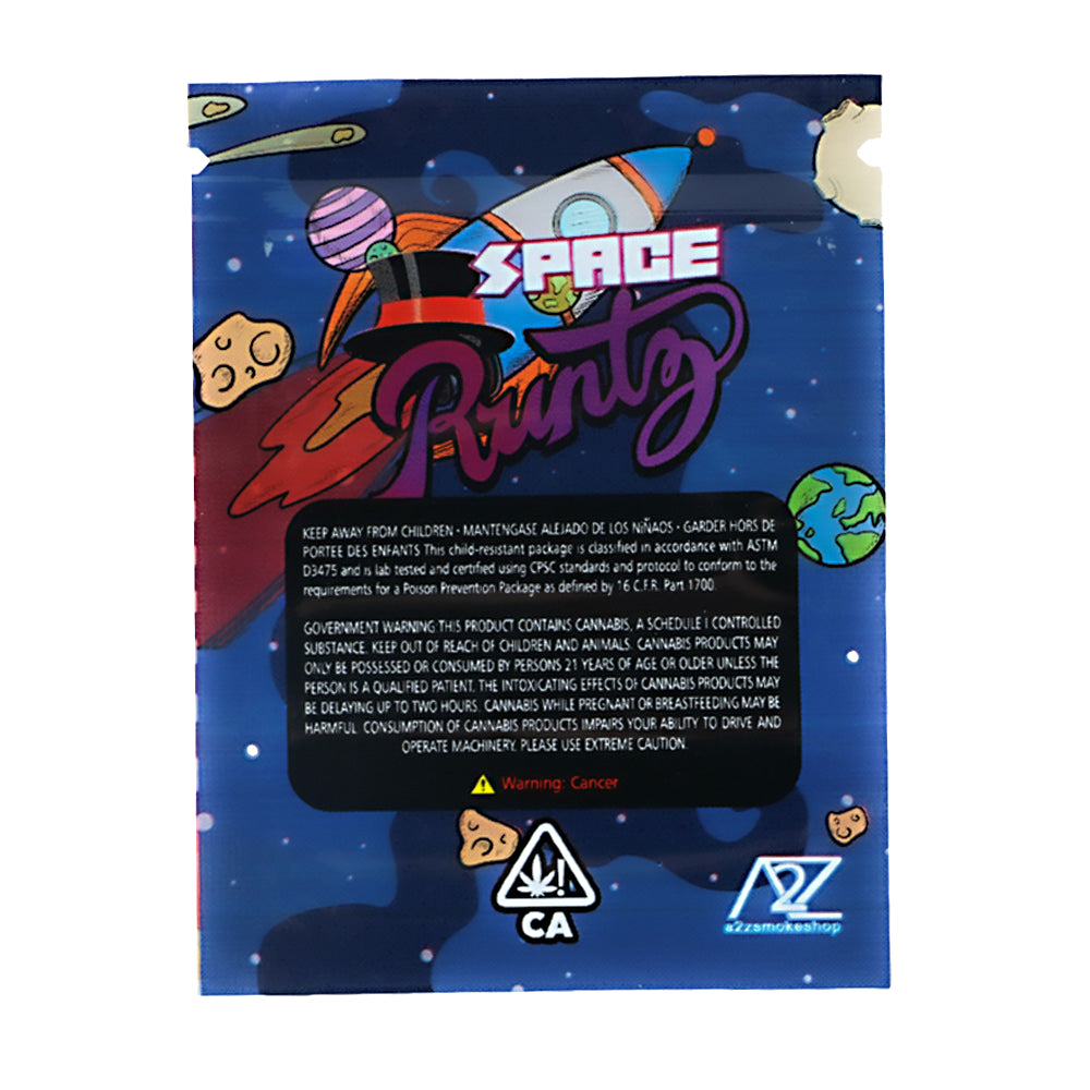 Mylar Bag Space-themed product packaging with 'Space Runtz' branding on a blue background.