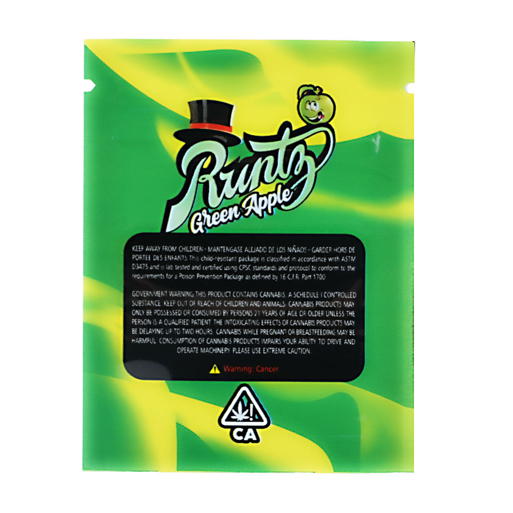 Mylar Bag Green and yellow packaging of Runtz Green Apple with branding and warning labels.