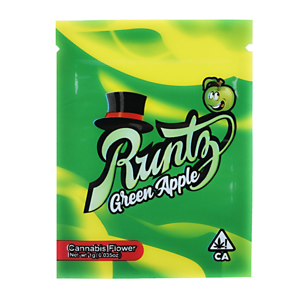 Mylar Bag Green and yellow packaging of Runtz Green Apple cannabis flower with branding and warning symbols.