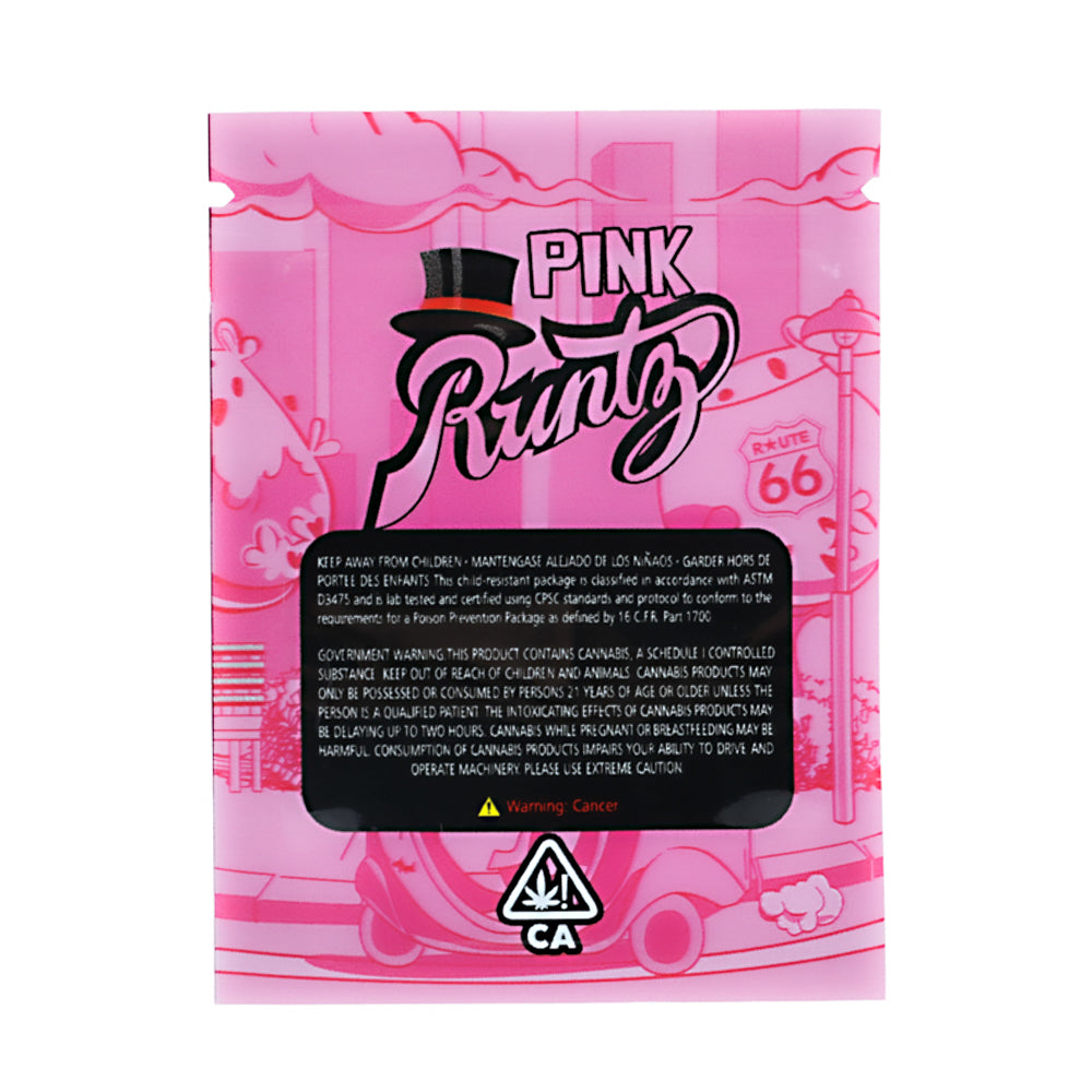 Mylar Bag Pink packaging of Pink Runtz with branding and warning labels on a white background