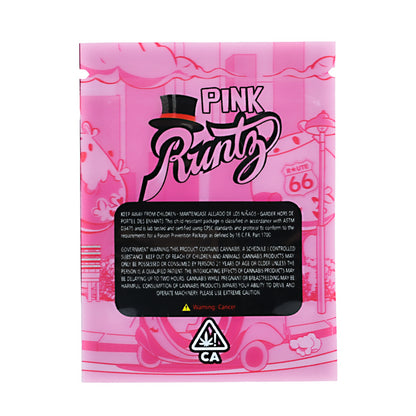 Mylar Bag Pink packaging of Pink Runtz with branding and warning labels on a white background