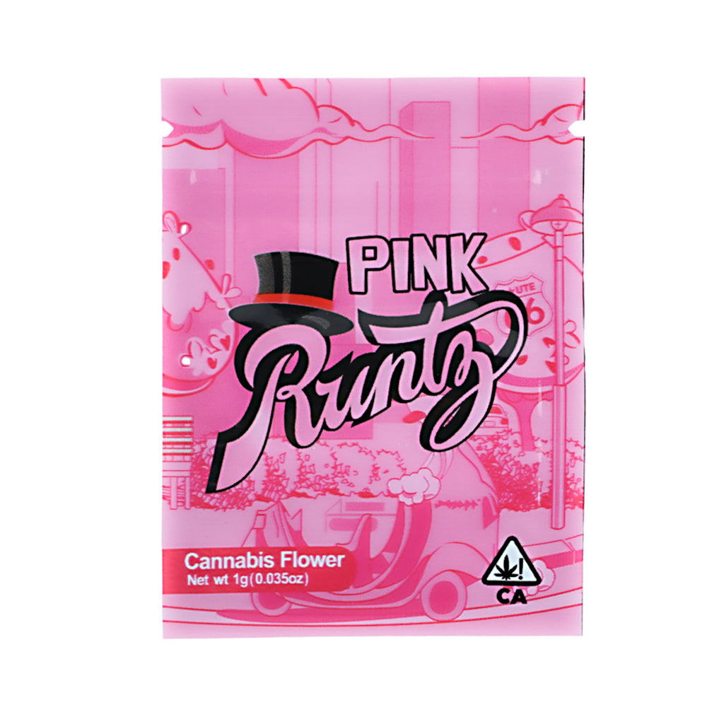 Mylar Bag Pink packaging of Pink Runtz cannabis flower with top hat design on a white background