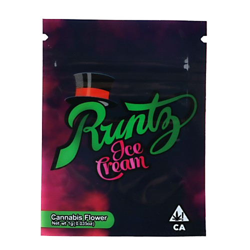 Mylar Bag  Runtz Ice Cream cannabis flower packaging with colorful design and branding.