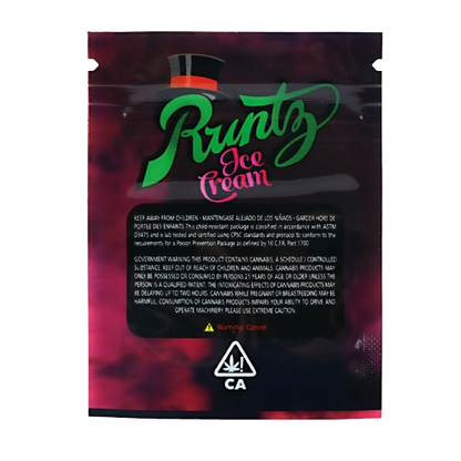 Mylar Bag Runtz Ice Cream packaging with colorful design and text on a white background