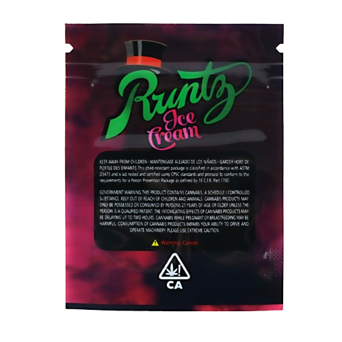 Mylar Bag Runtz Ice Cream packaging with colorful design and text on a white background