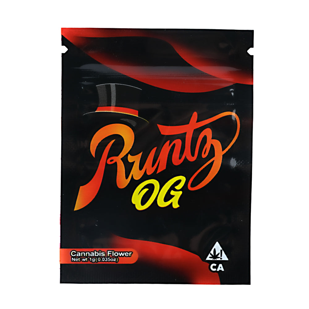 Mylar Bag Runtz OG cannabis flower packaging with red and yellow text on a black background