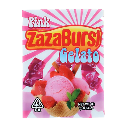 Mylar Bag Zaza Burst Gelato packaging with pink ice cream and waffle cone on a white background