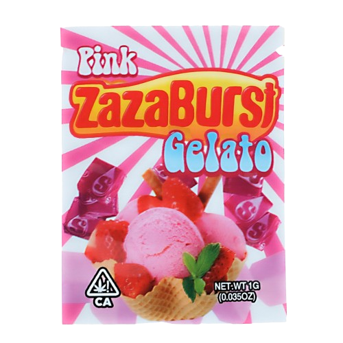 Mylar Bag Zaza Burst Gelato packaging with pink ice cream and waffle cone on a white background