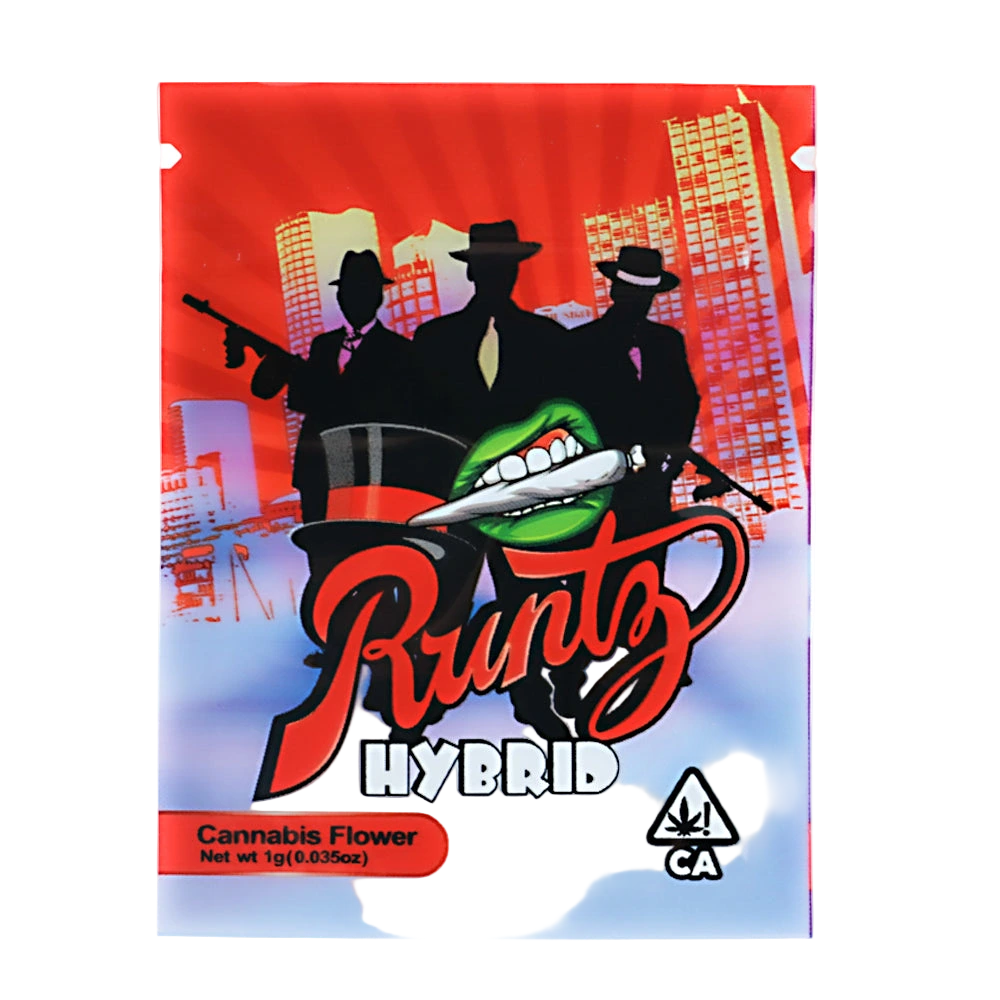 Mylar Bag Runtz Hybrid cannabis flower packaging with stylized figures and cityscape background