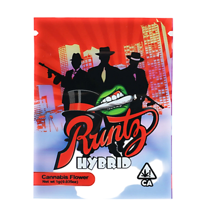 Mylar Bag Runtz Hybrid cannabis flower packaging with stylized figures and cityscape background