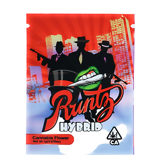 Mylar Bag Runtz Hybrid cannabis flower packaging with stylized figures and cityscape background