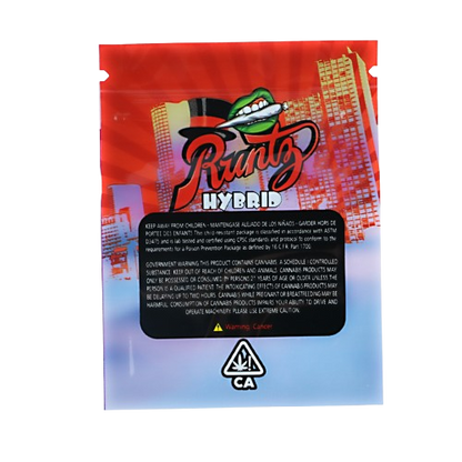 Mylar Bag Runtz Hybrid packaging with red background and cityscape design